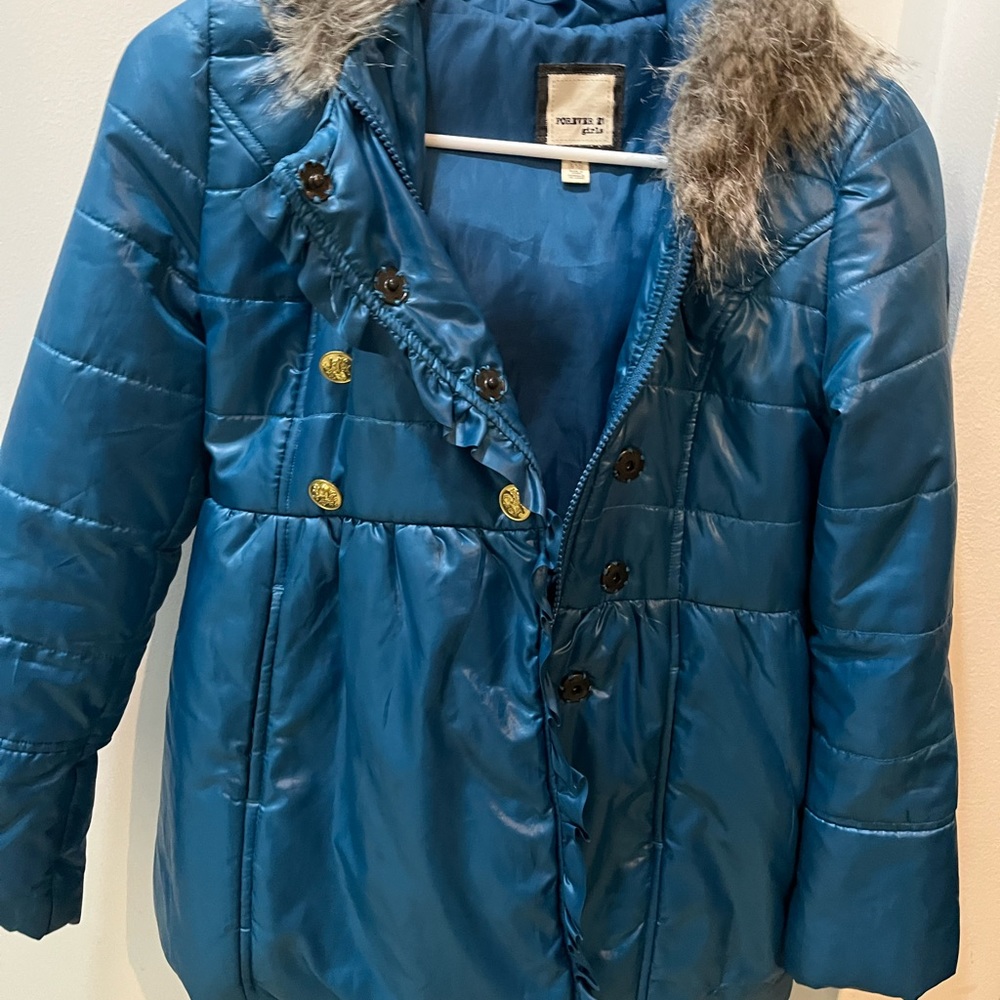 Lovely girls blue puffer jacket with lux gold detailing!